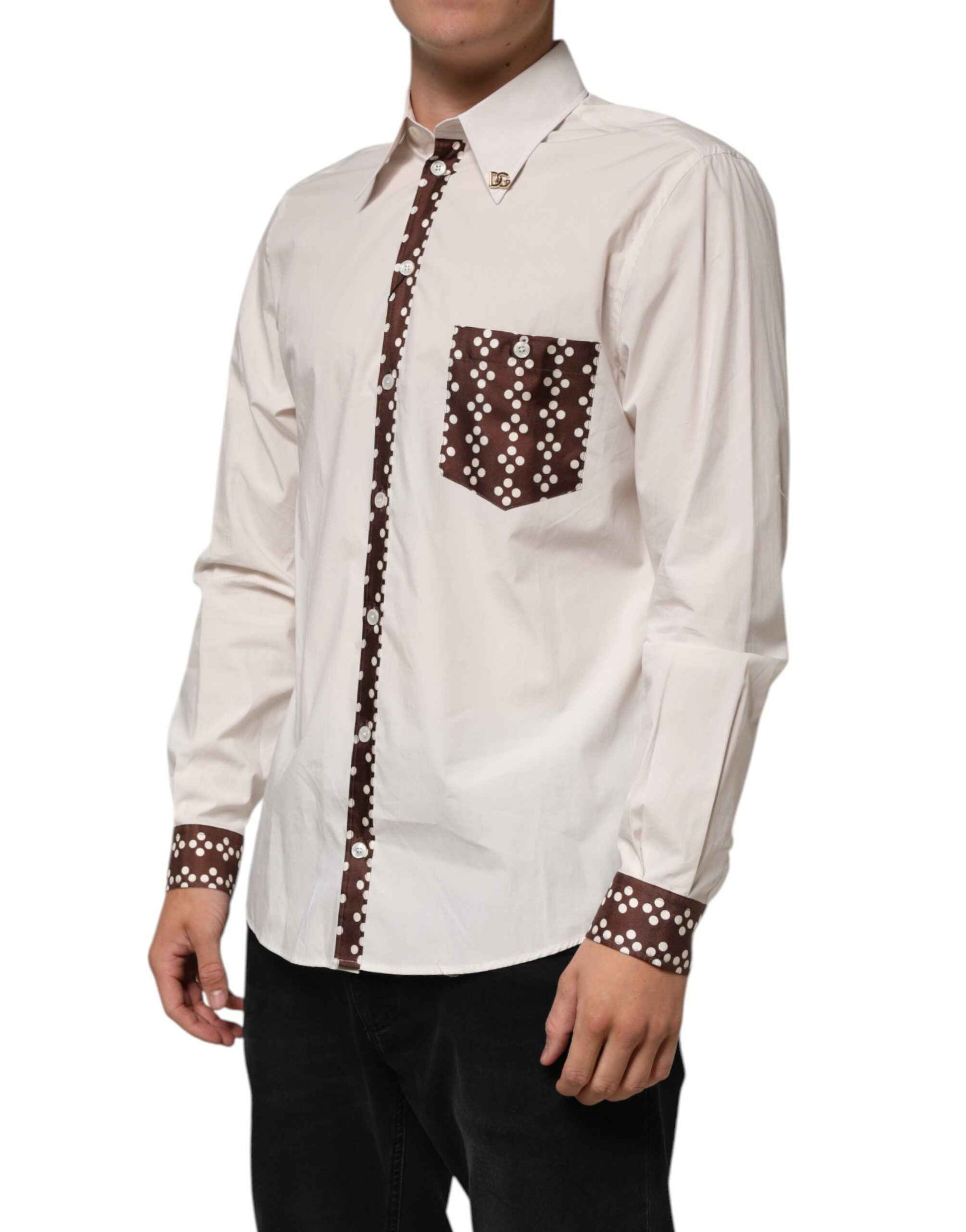 Dolce & Gabbana Cream White Cotton Polka Dot Slim Fit Shirt by Dolce & Gabbana