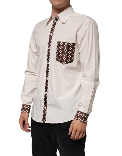 Dolce & Gabbana Cream White Cotton Polka Dot Slim Fit Shirt by Dolce & Gabbana