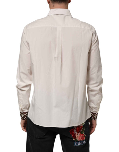 Dolce & Gabbana Cream White Cotton Polka Dot Slim Fit Shirt by Dolce & Gabbana