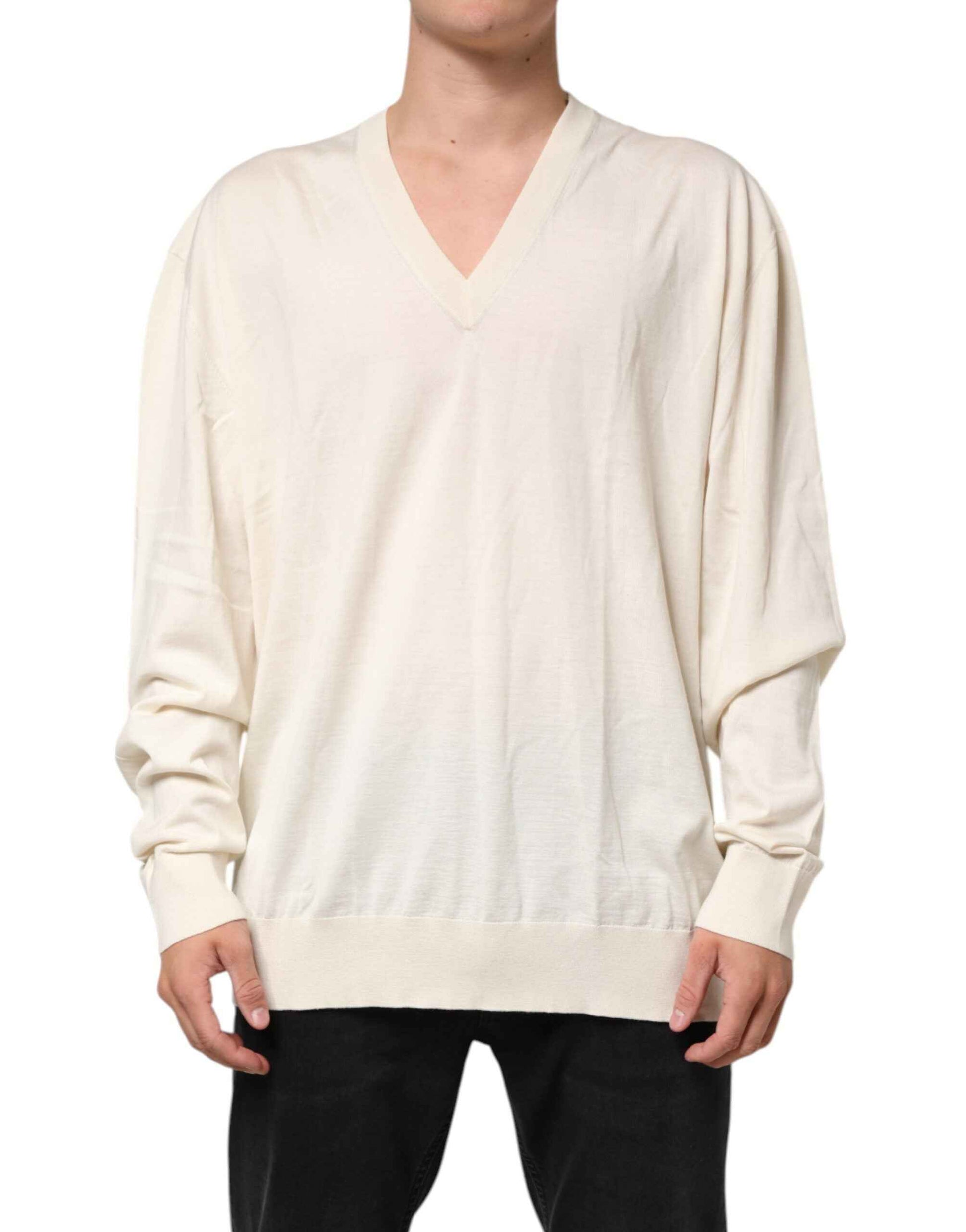 Dolce & Gabbana Ivory Virgin Wool Men V-Neck Knit Sweater by Dolce & Gabbana