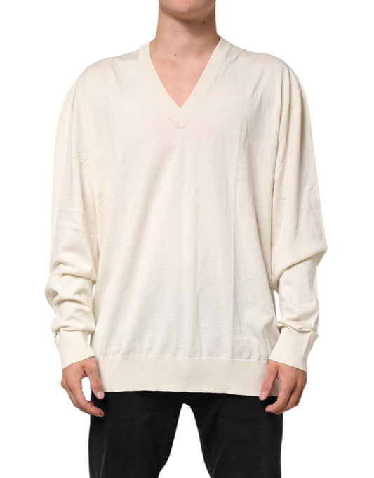 Dolce & Gabbana Ivory Virgin Wool Men V-Neck Knit Sweater by Dolce & Gabbana