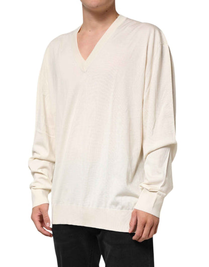 Dolce & Gabbana Ivory Virgin Wool Men V-Neck Knit Sweater by Dolce & Gabbana