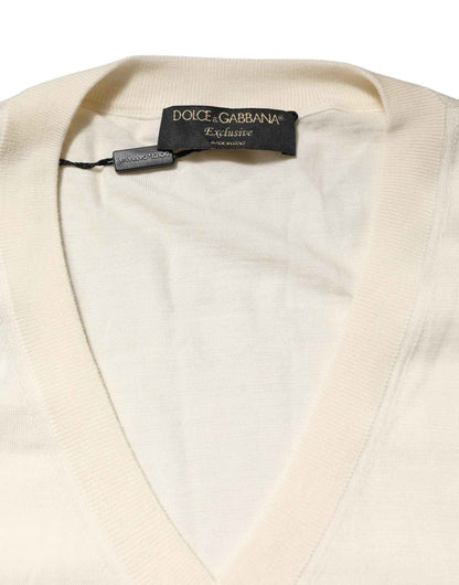 Dolce & Gabbana Ivory Virgin Wool Men V-Neck Knit Sweater by Dolce & Gabbana