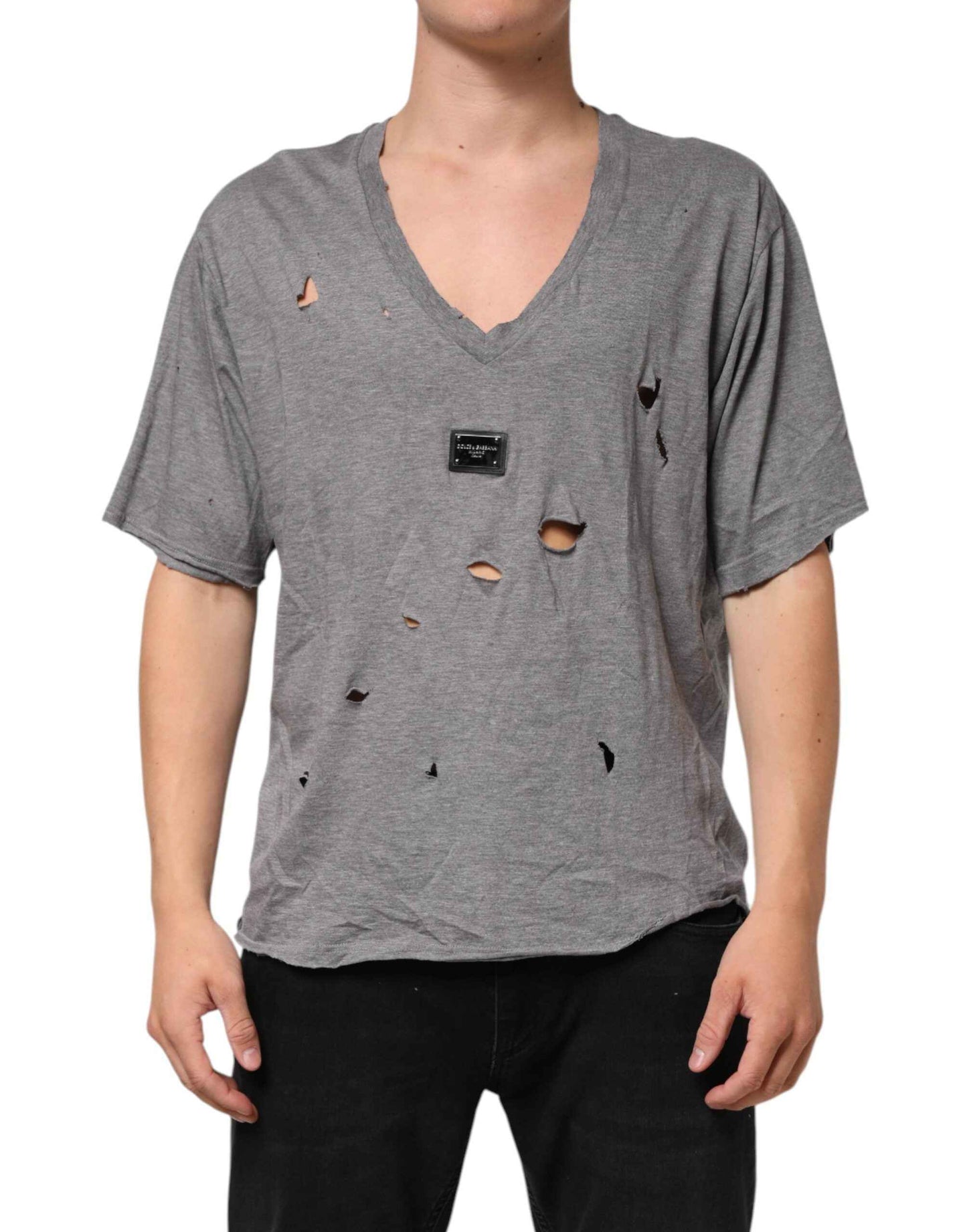 Dolce & Gabbana Gray Cotton Tattered Logo Patch Men T-shirt by Dolce & Gabbana