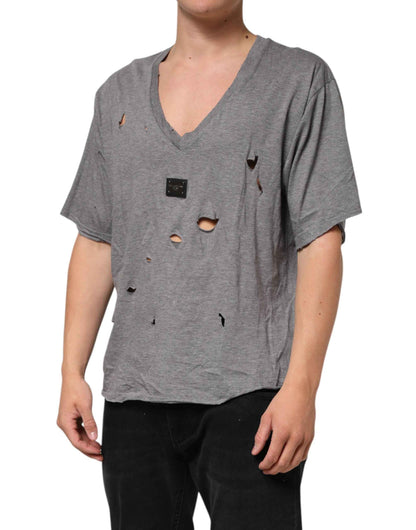 Dolce & Gabbana Gray Cotton Tattered Logo Patch Men T-shirt by Dolce & Gabbana