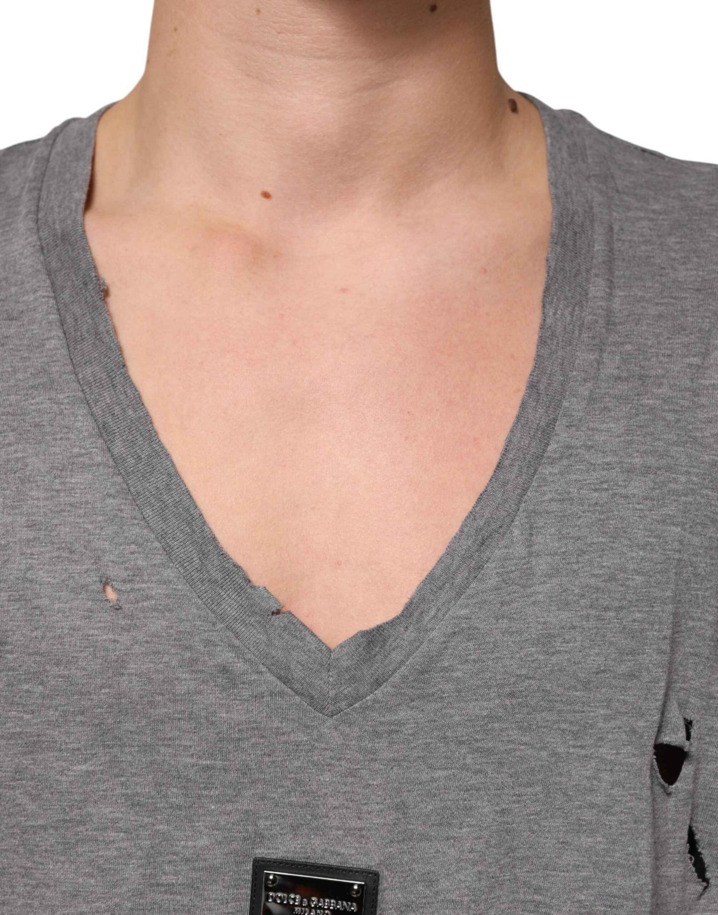 Dolce & Gabbana Gray Cotton Tattered Logo Patch Men T-shirt by Dolce & Gabbana