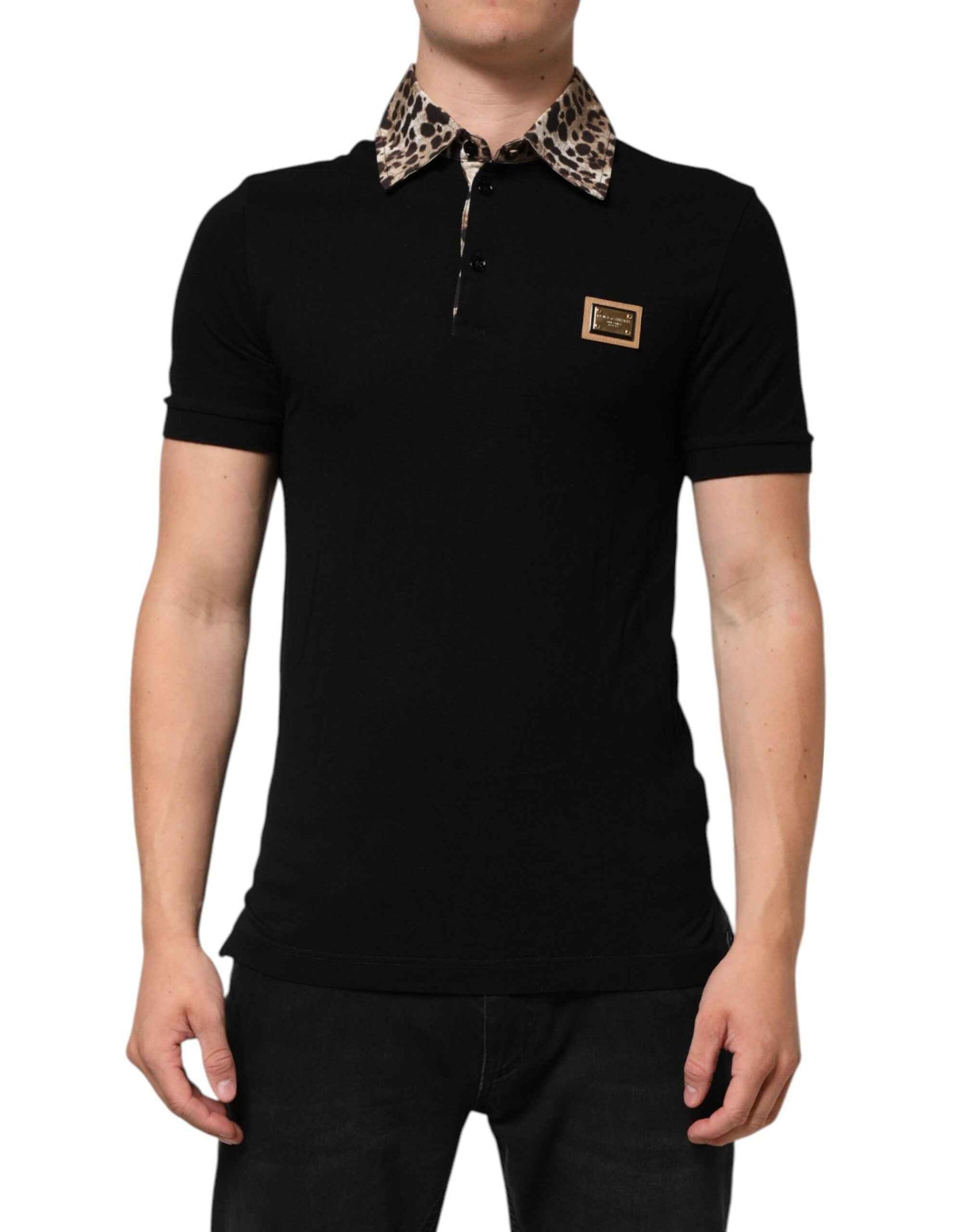 Dolce & Gabbana Black Cotton Leopard Collar Polo T-shirt by Dolce & Gabbana