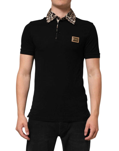 Dolce & Gabbana Black Cotton Leopard Collar Polo T-shirt by Dolce & Gabbana