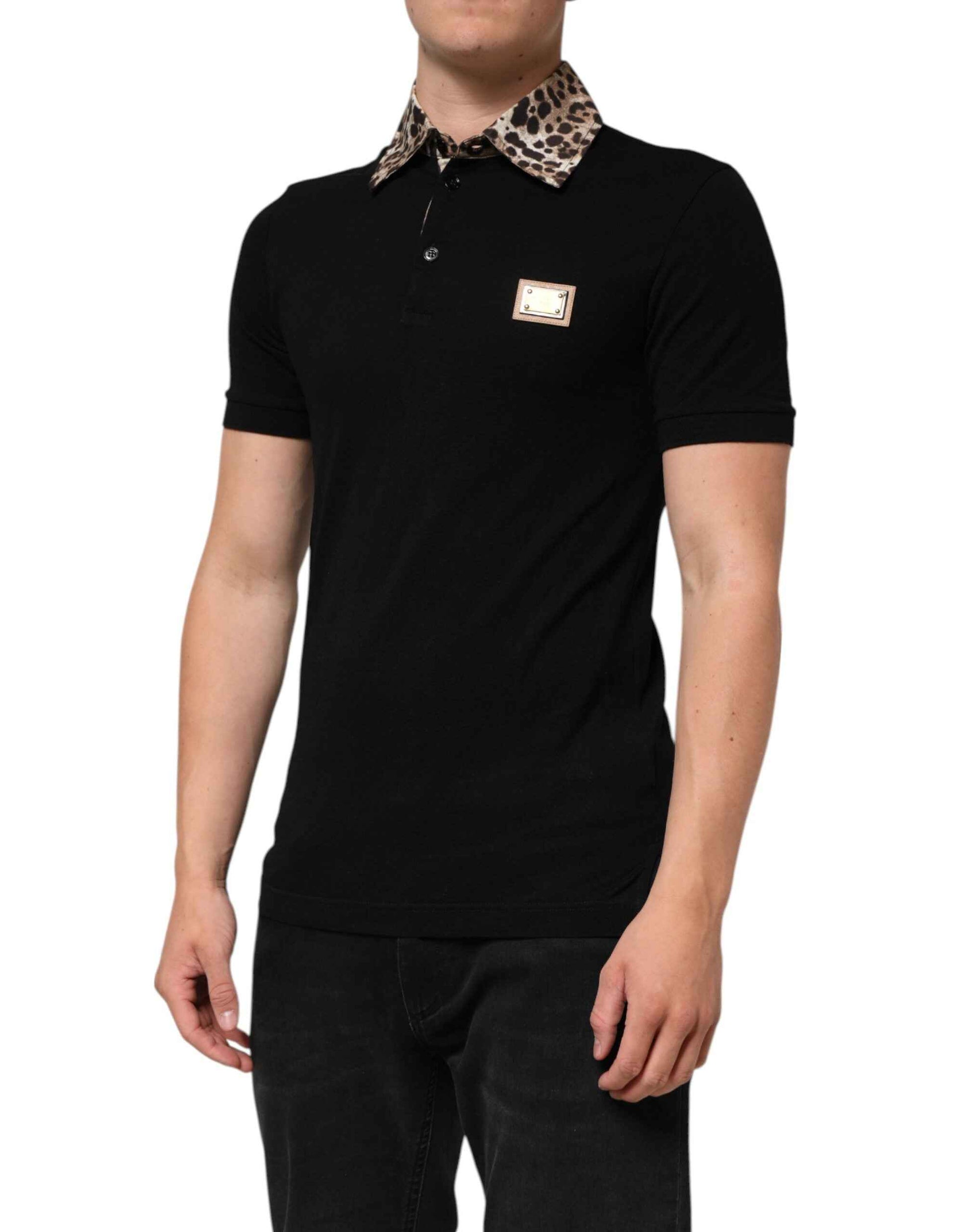 Dolce & Gabbana Black Cotton Leopard Collar Polo T-shirt by Dolce & Gabbana