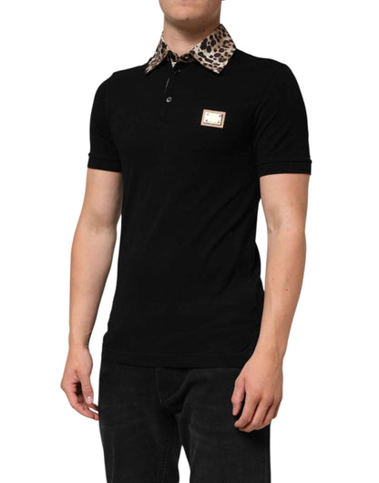 Dolce & Gabbana Black Cotton Leopard Collar Polo T-shirt by Dolce & Gabbana