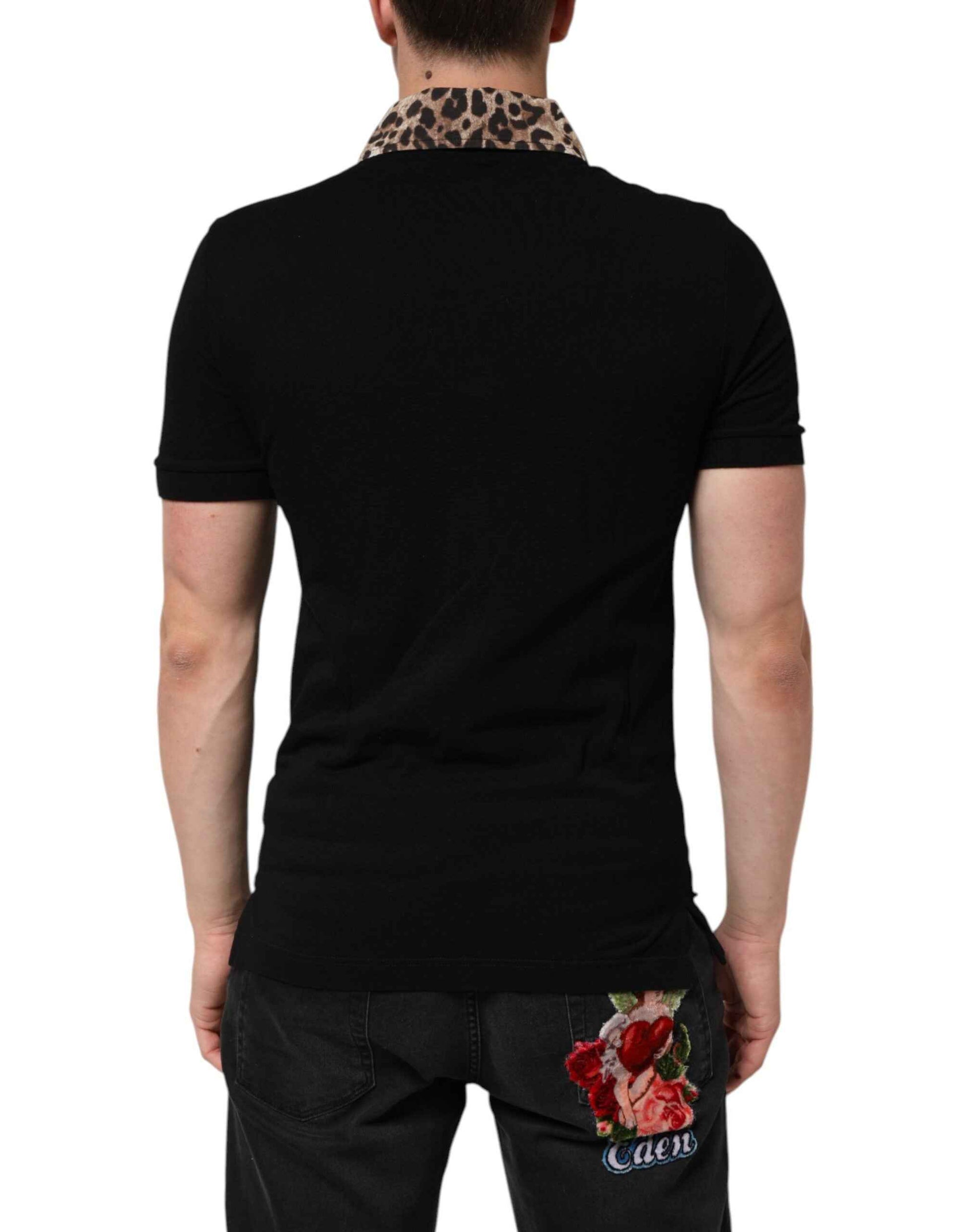 Dolce & Gabbana Black Cotton Leopard Collar Polo T-shirt by Dolce & Gabbana