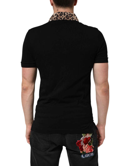 Dolce & Gabbana Black Cotton Leopard Collar Polo T-shirt by Dolce & Gabbana