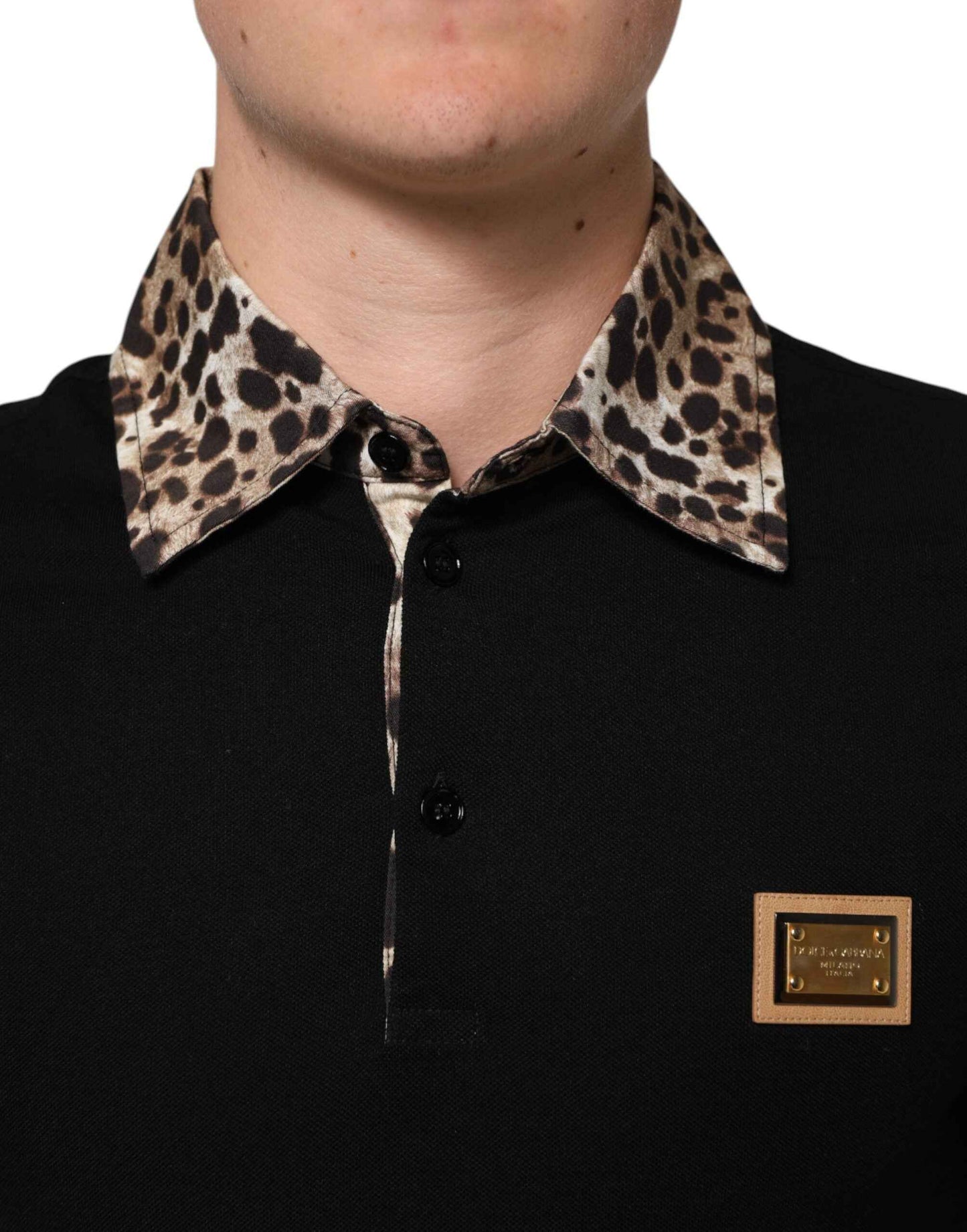 Dolce & Gabbana Black Cotton Leopard Collar Polo T-shirt by Dolce & Gabbana