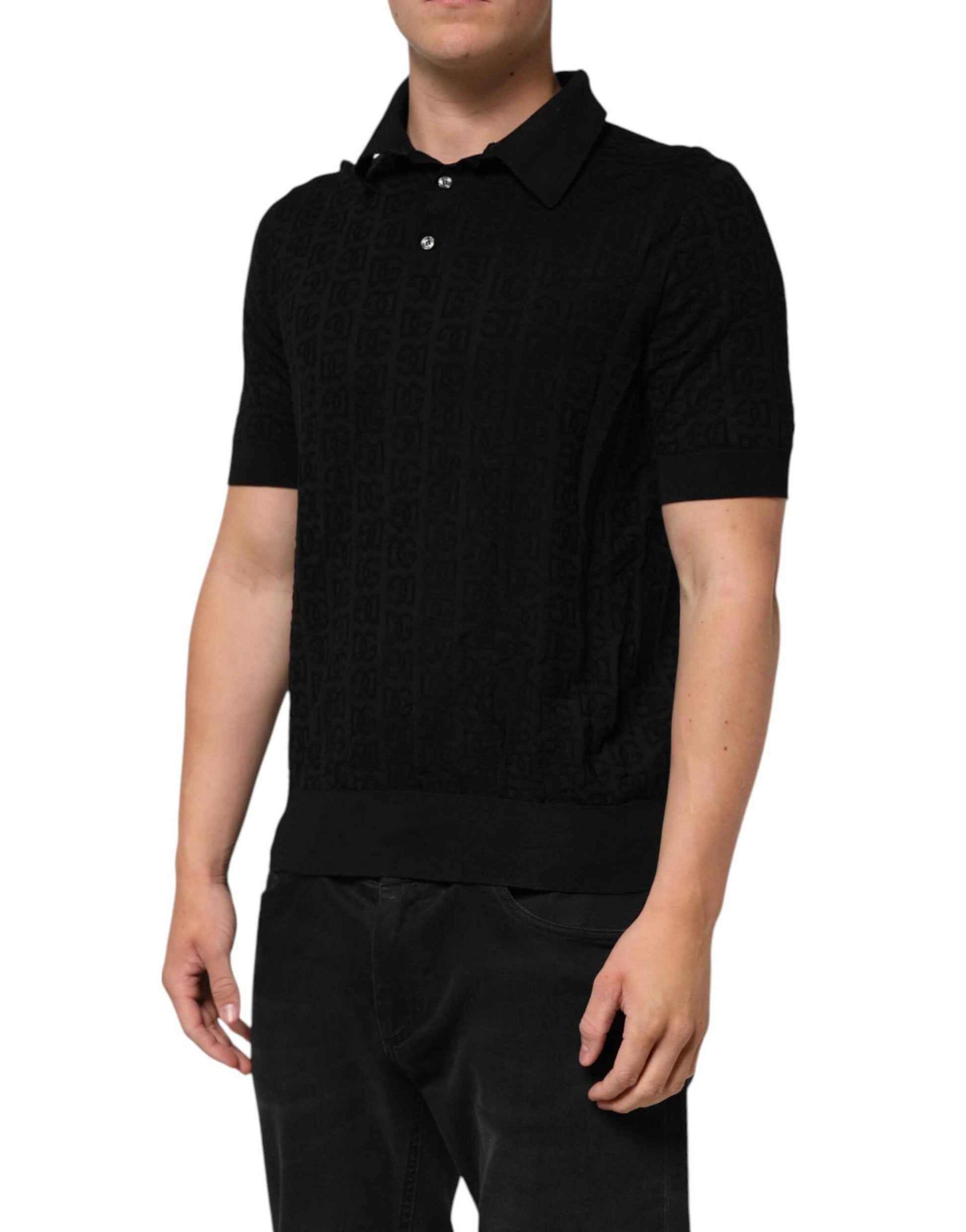 Dolce & Gabbana Black Silk Jacquard DG Polo Shirt T-shirt by Dolce & Gabbana
