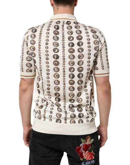 Dolce & Gabbana Silk Ivory Coin Print Logo Men Polo T-shirt by Dolce & Gabbana