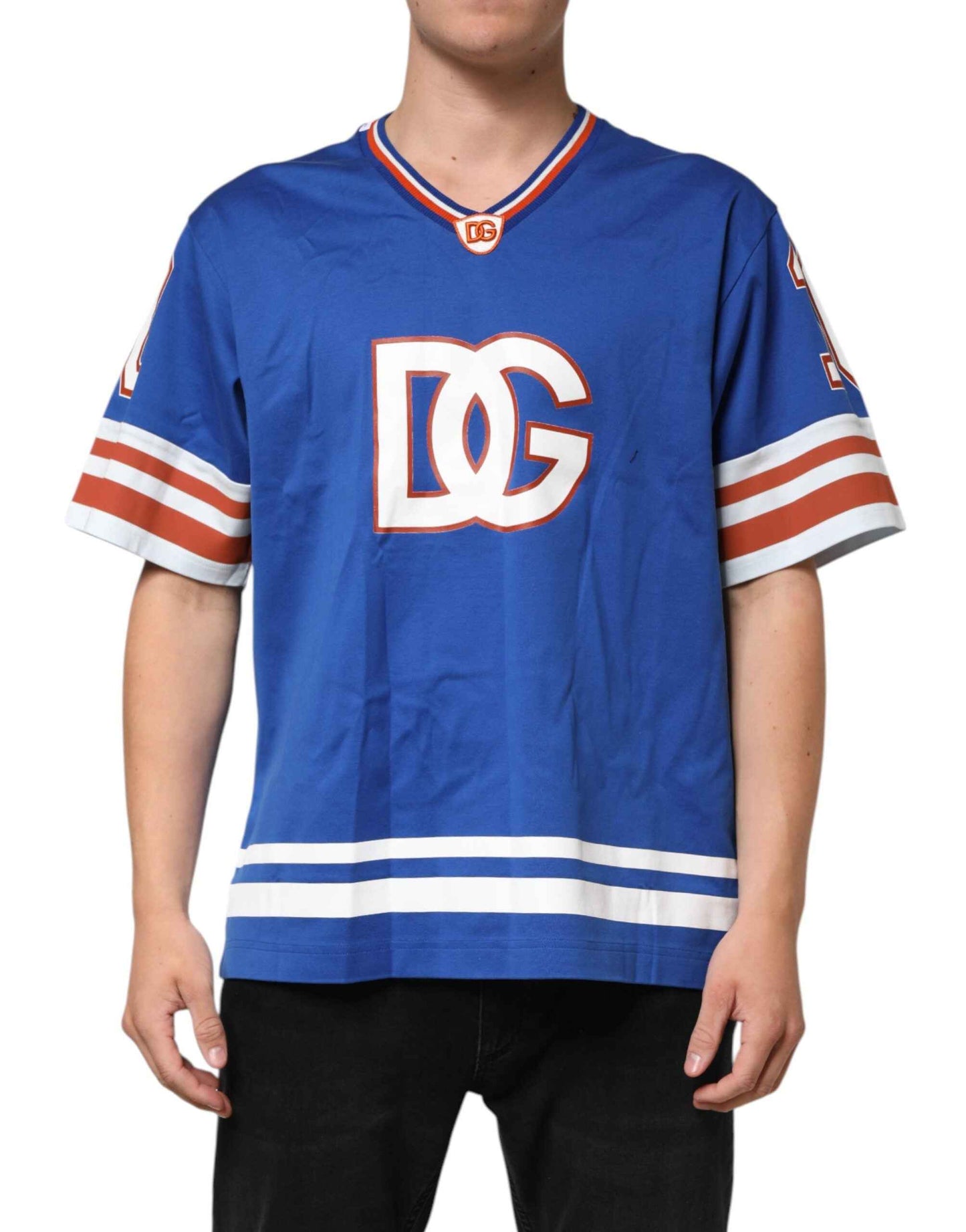 Dolce & Gabbana Blue Cotton DG Logo Mesh Jersey T-shirt by Dolce & Gabbana