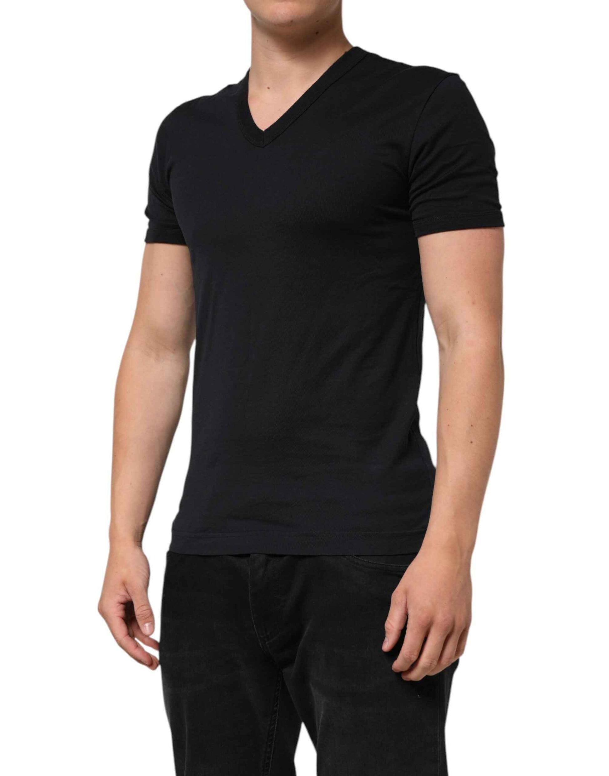Dolce & Gabbana Black Cotton Plain V-Neck Men Shirt T-shirt by Dolce & Gabbana