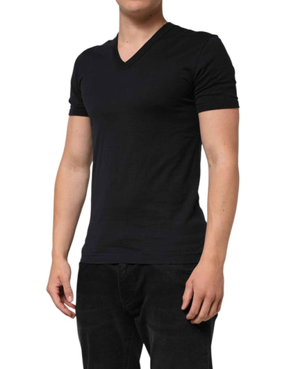 Dolce & Gabbana Black Cotton Plain V-Neck Men Shirt T-shirt by Dolce & Gabbana