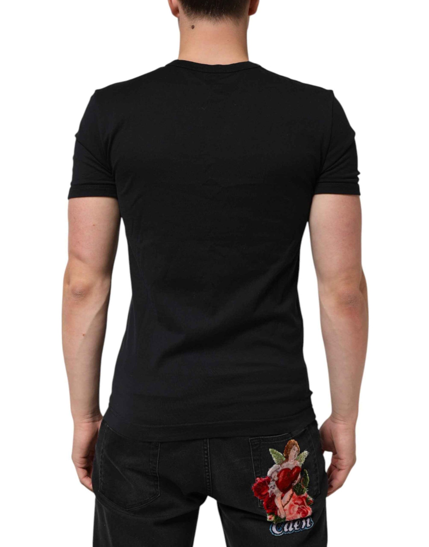 Dolce & Gabbana Black Cotton Plain V-Neck Men Shirt T-shirt by Dolce & Gabbana