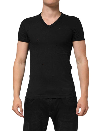 Dolce & Gabbana Black Cotton Tattered Logo V-Neck Men T-shirt by Dolce & Gabbana