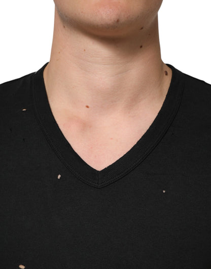 Dolce & Gabbana Black Cotton Tattered Logo V-Neck Men T-shirt - from Dolce & Gabbana