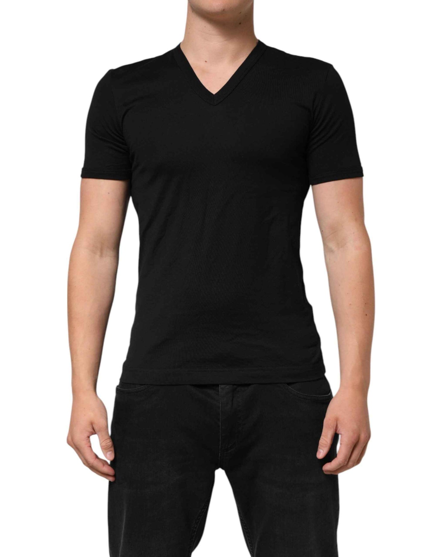 Dolce & Gabbana Black Cotton Plain V-Neck Men Shirt T-shirt by Dolce & Gabbana
