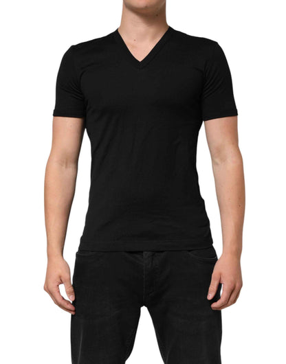 Dolce & Gabbana Black Cotton Plain V-Neck Men Shirt T-shirt by Dolce & Gabbana