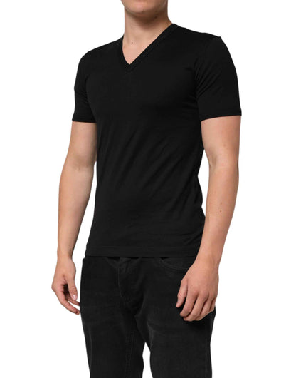 Dolce & Gabbana Black Cotton Plain V-Neck Men Shirt T-shirt by Dolce & Gabbana
