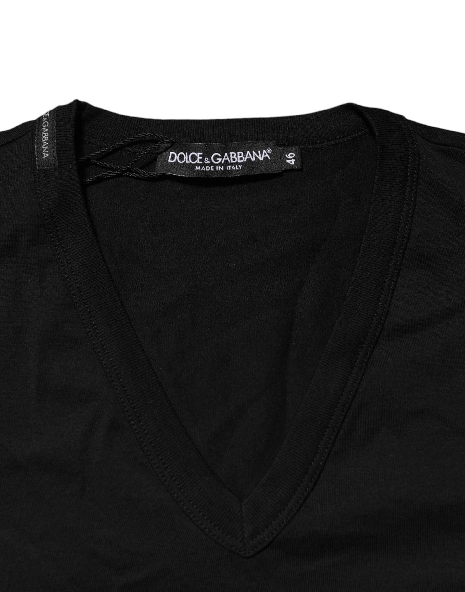 Dolce & Gabbana Black Cotton Plain V-Neck Men Shirt T-shirt by Dolce & Gabbana