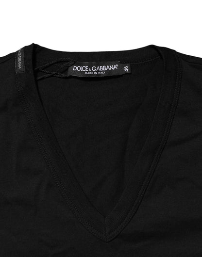 Dolce & Gabbana Black Cotton Plain V-Neck Men Shirt T-shirt by Dolce & Gabbana