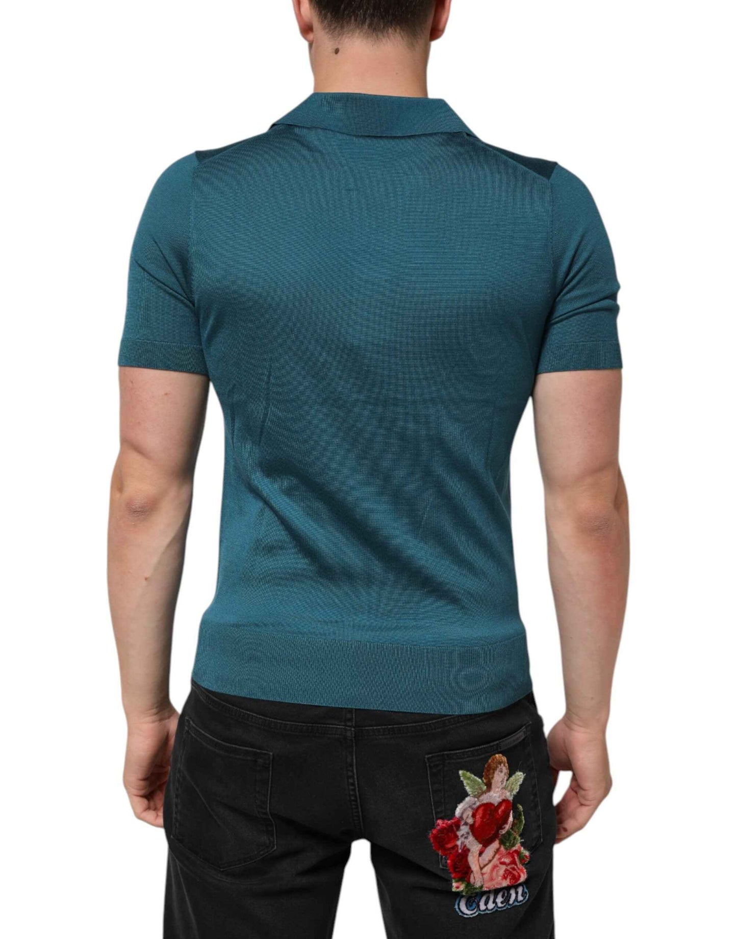 Dolce & Gabbana Teal Blue Silk Collar Short Sleeve Polo T-shirt by Dolce & Gabbana