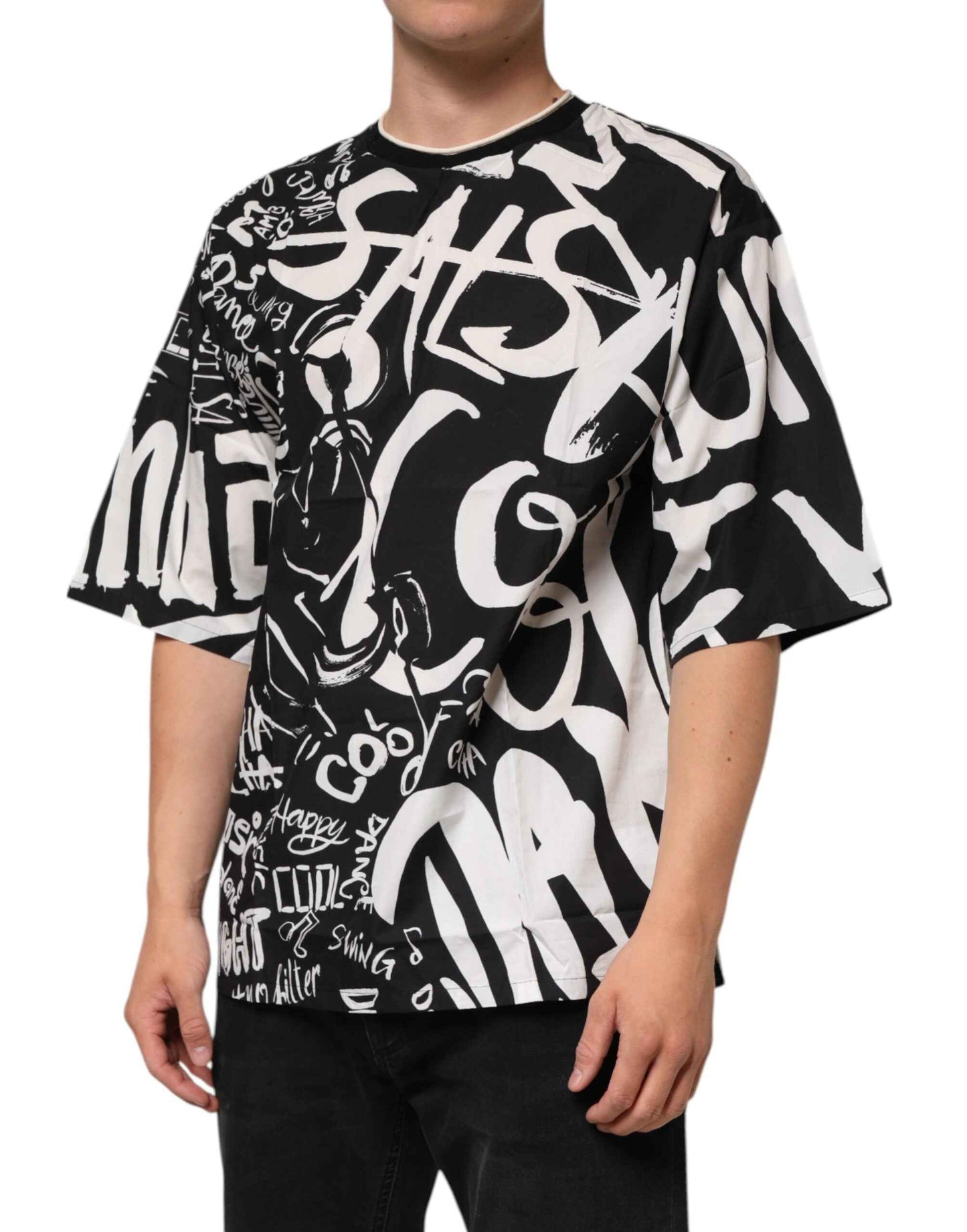 Dolce & Gabbana Black White Cotton Oversized Graffiti T-shirt by Dolce & Gabbana