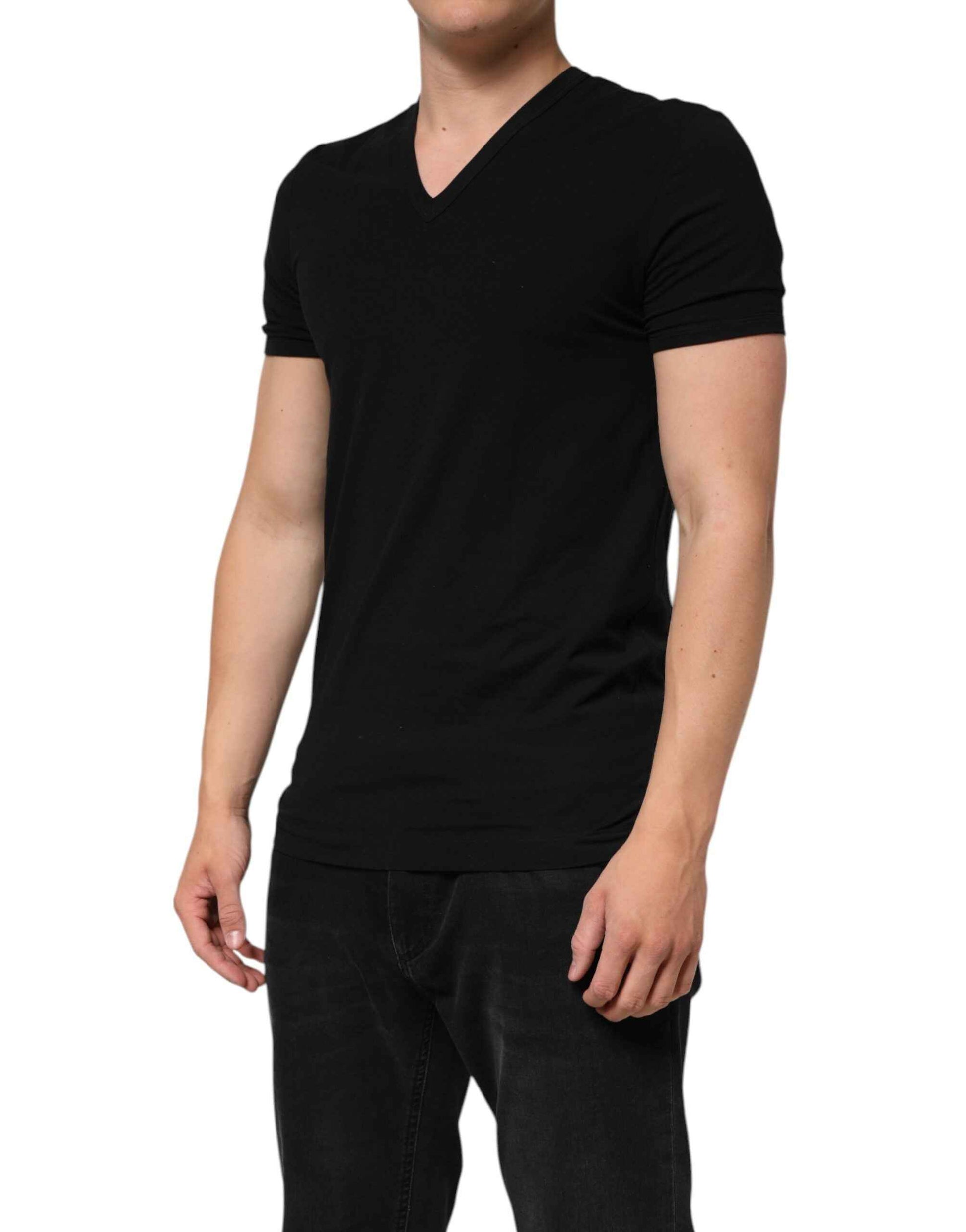 Dolce & Gabbana Black Cotton Slim Fit Men V-Neck Shirt T-shirt by Dolce & Gabbana