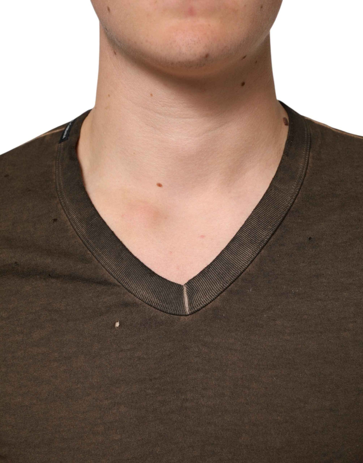 Dolce & Gabbana Dark Brown Cotton Tattered Logo Men T-shirt by Dolce & Gabbana