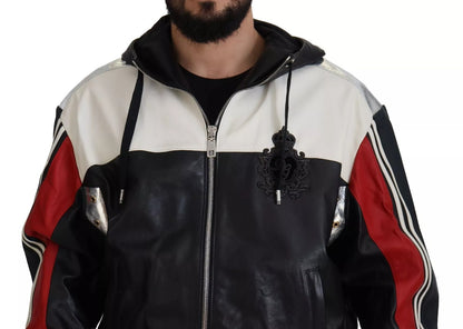 Dolce &amp; Gabbana Black Leather Hooded Blouson Jacket