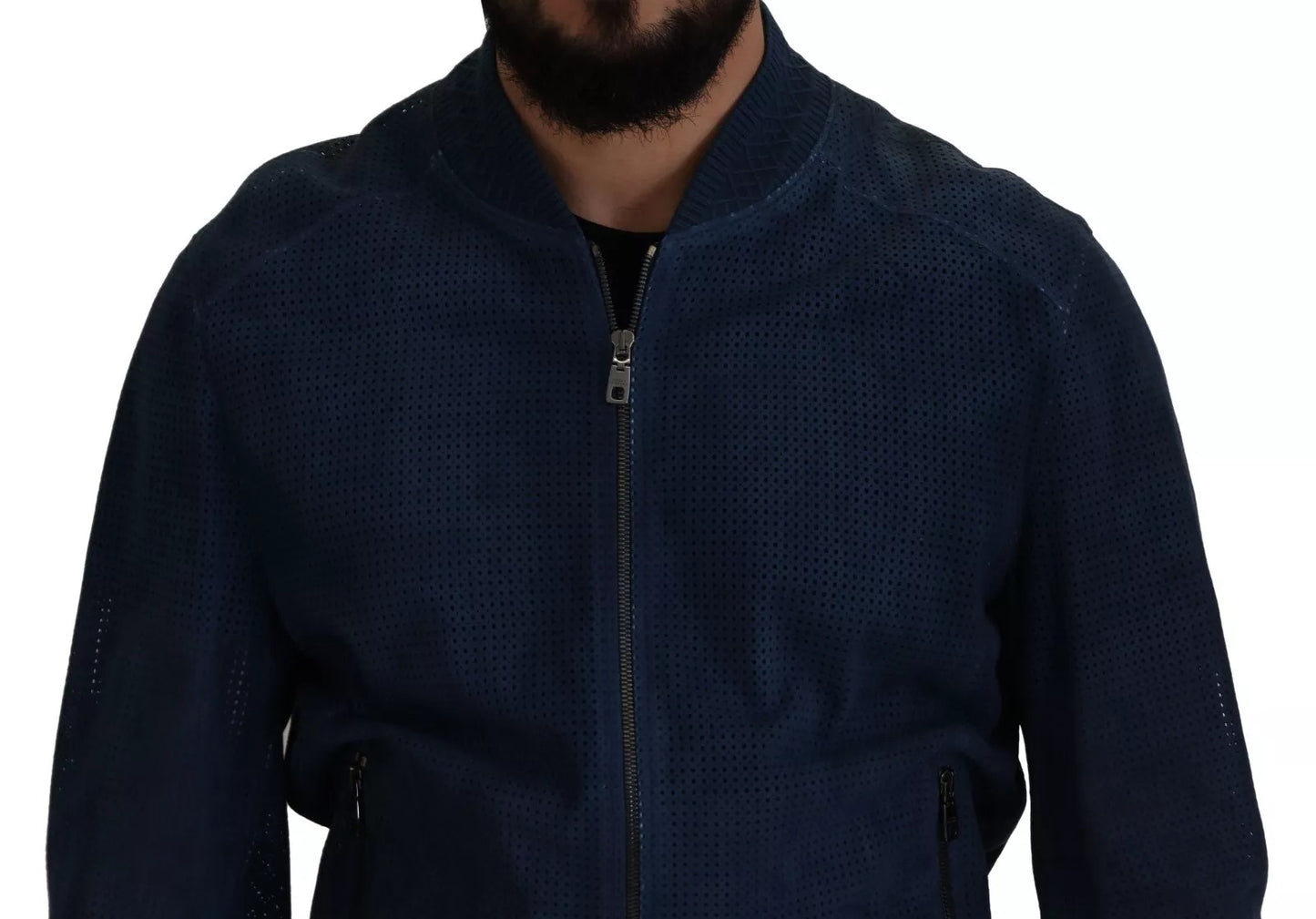 Dolce &amp; Gabbana Blue Leather Perforated Full Zip Jacket