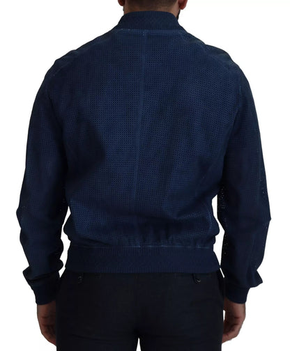 Dolce &amp; Gabbana Blue Leather Perforated Full Zip Jacket