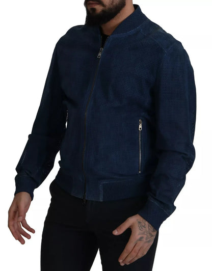 Dolce &amp; Gabbana Blue Leather Perforated Full Zip Jacket
