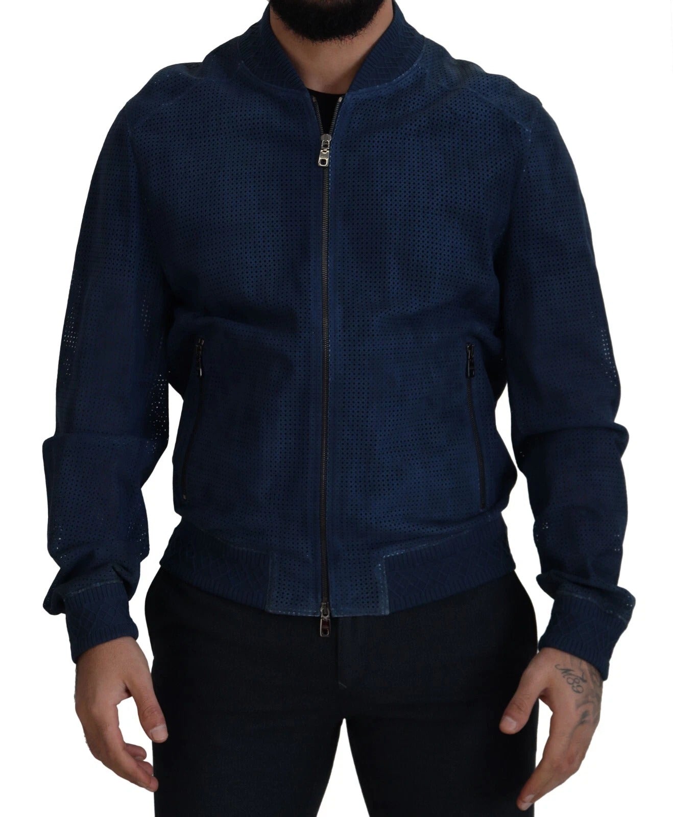 Dolce &amp; Gabbana Blue Leather Perforated Full Zip Jacket