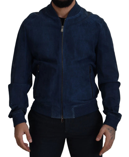 Dolce &amp; Gabbana Blue Leather Perforated Full Zip Jacket