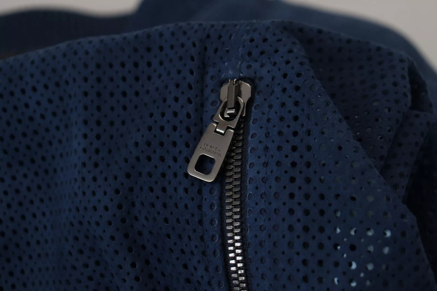 Dolce &amp; Gabbana Blue Leather Perforated Full Zip Jacket