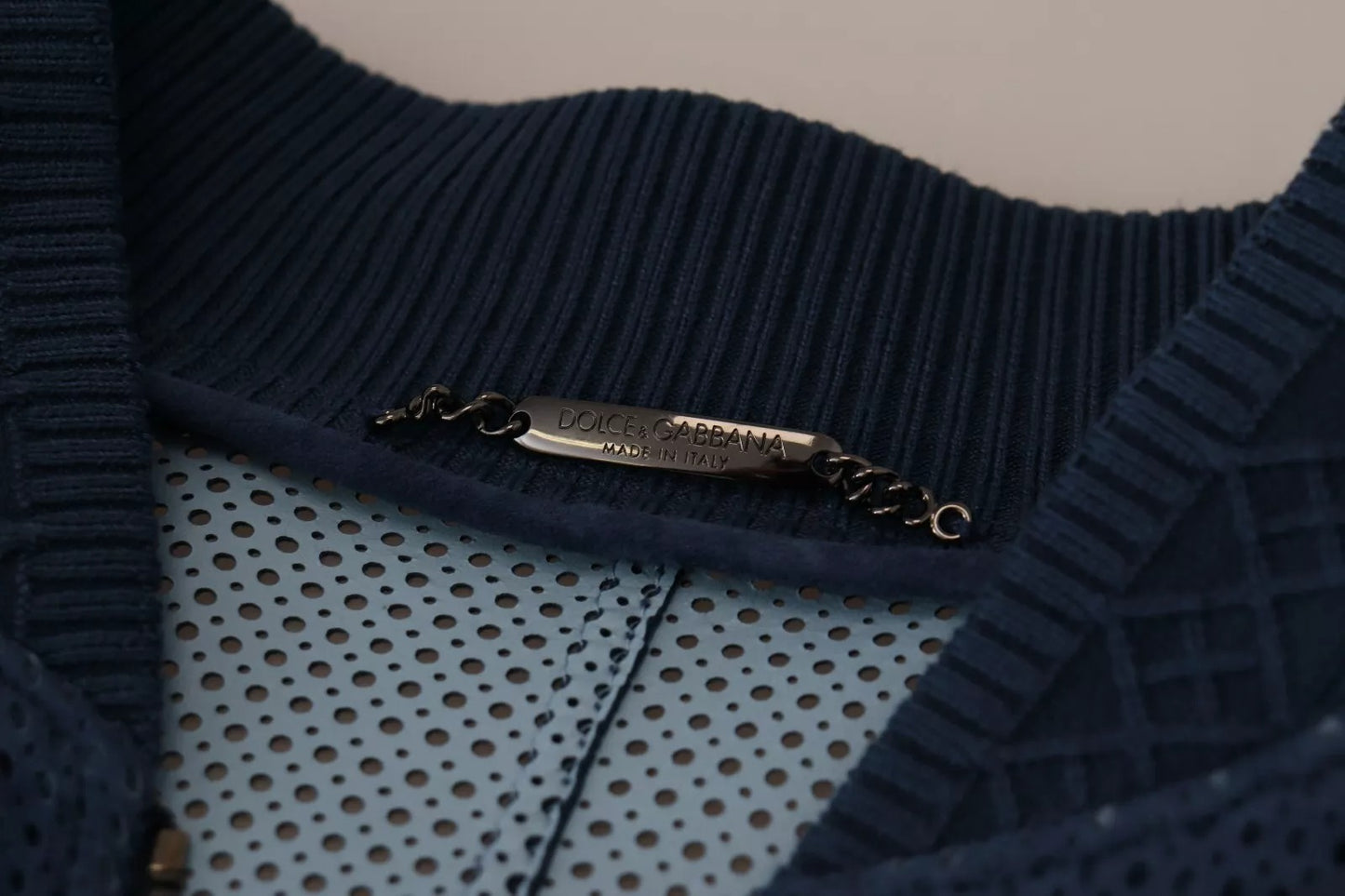 Dolce &amp; Gabbana Blue Leather Perforated Full Zip Jacket