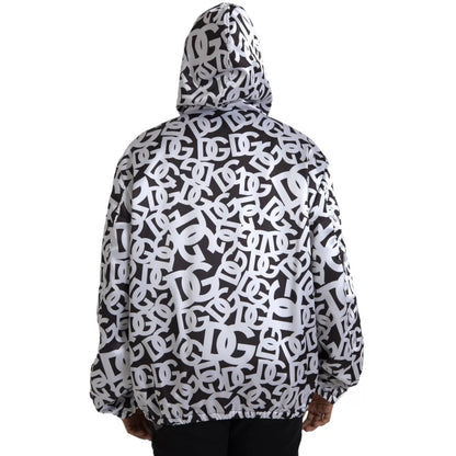 Dolce &amp; Gabbana White Black Logo Hooded Full Zip Bomber Jacket