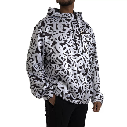 Dolce &amp; Gabbana White Black Logo Hooded Full Zip Bomber Jacket