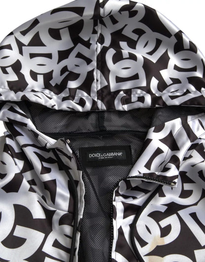 Dolce &amp; Gabbana White Black Logo Hooded Full Zip Bomber Jacket