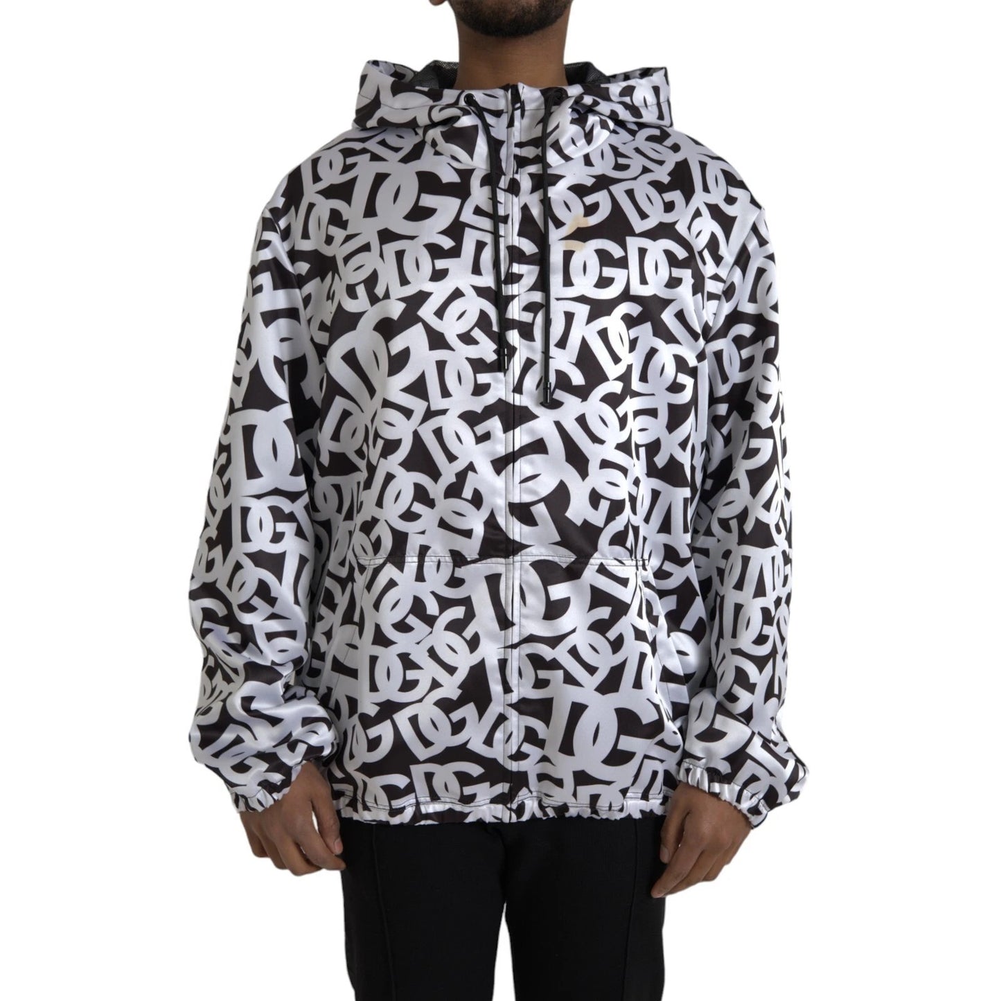 Dolce &amp; Gabbana White Black Logo Hooded Full Zip Bomber Jacket