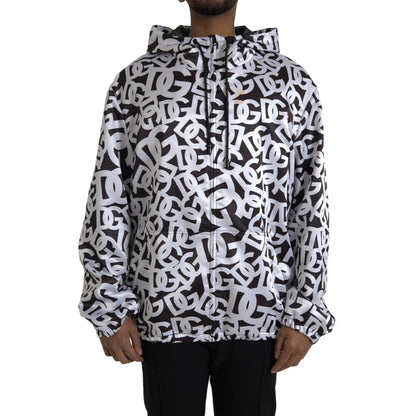 Dolce &amp; Gabbana White Black Logo Hooded Full Zip Bomber Jacket
