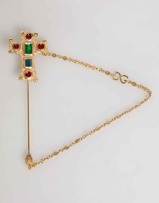 Dolce & Gabbana Lapel Pin Cross Logo Gold Chain Mens Accessories Brooch