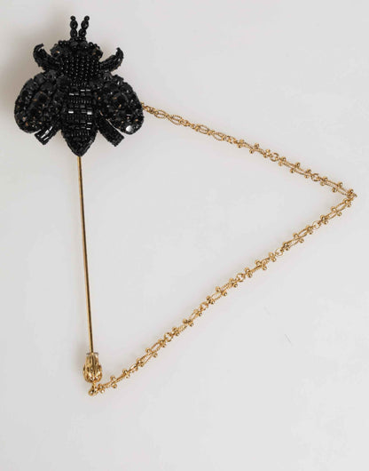 Dolce & Gabbana Lapel Pin Gold Brass Black Crystal Bee Accessories Brooch by Dolce & Gabbana