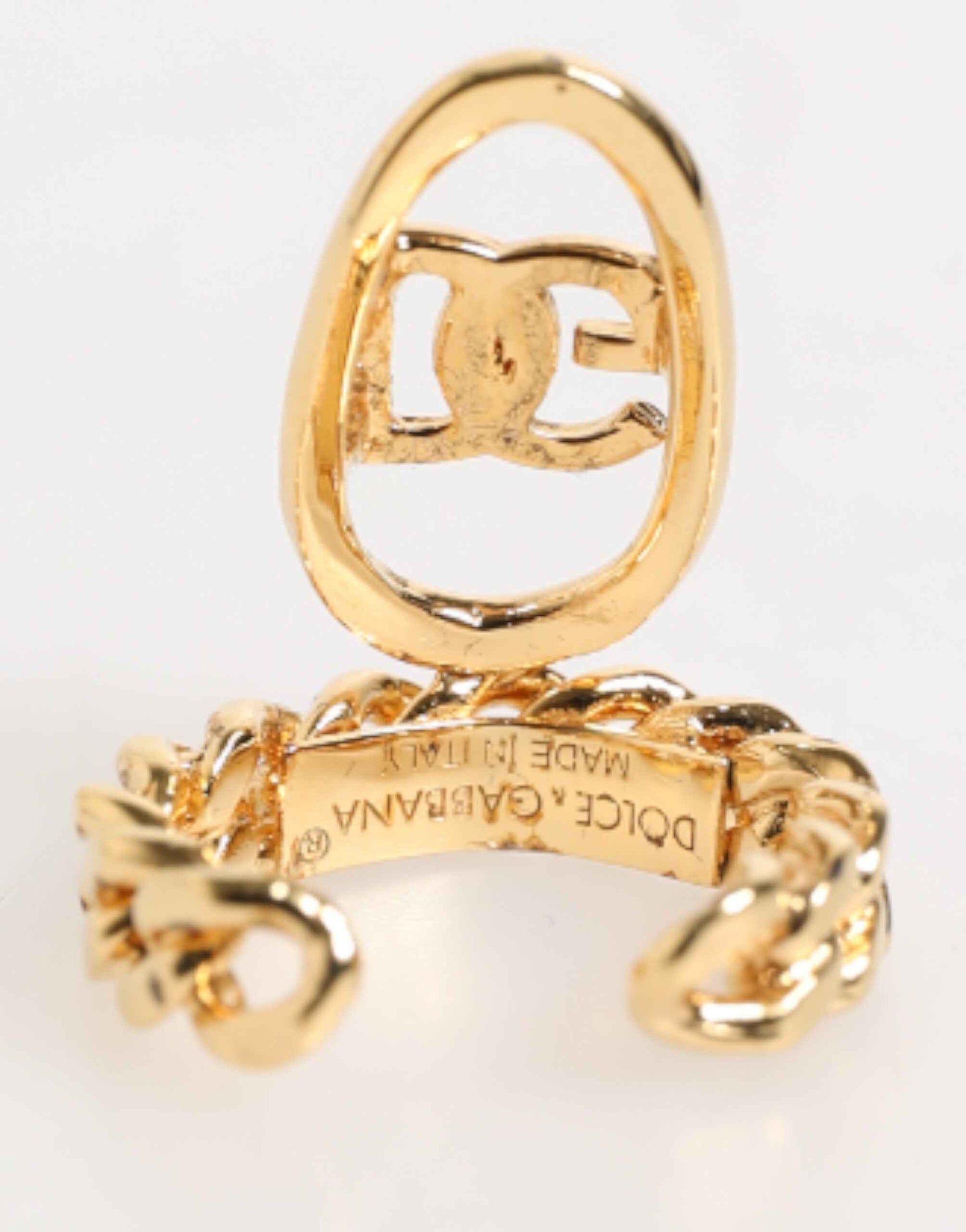 Dolce & Gabbana Gold Tone Brass Oval DG Logo Chain Adjustable Ring